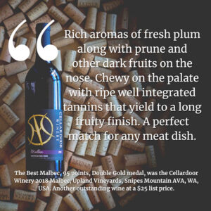 Text graphic about Cellardoor Winery's award-winning Malbec: "Rich aromas of fresh plum along with prune and other dark fruits on the nose.