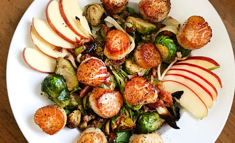 Roasted Brussels sprouts with seared scallops at Nautilus Seafood & Grill, Belfast Maine