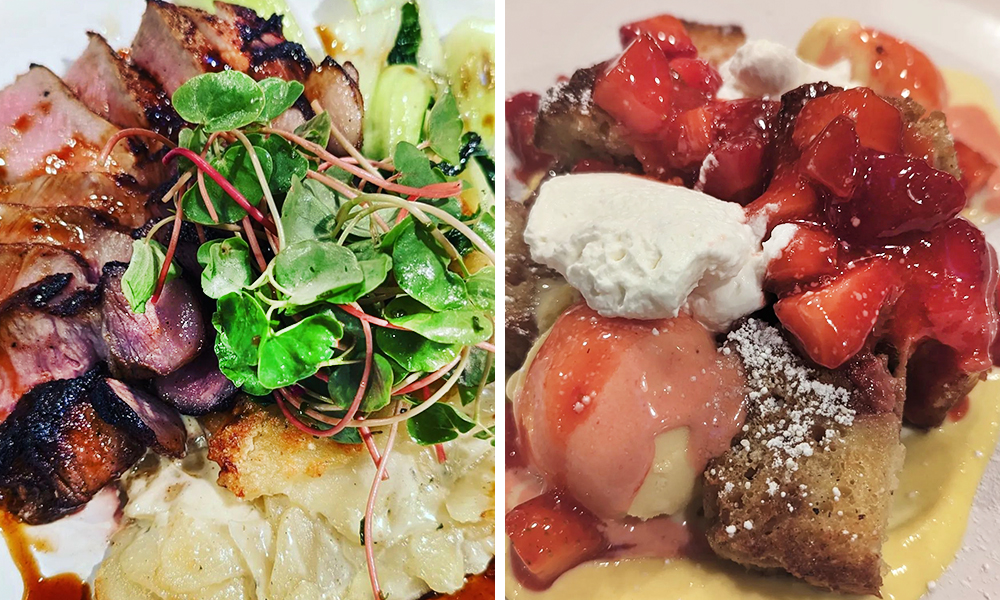 Woodfired pork chop, potato gratin, bok chow and micro radish. The right photo is Grand Marnier roasted strawberry donut bread pudding from Fōda in Appleton, Maine