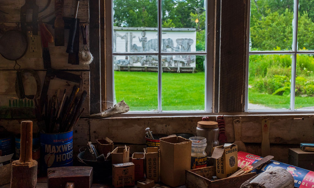 Window view from barn workshop at Langlais Art Preserve, Cushing, Maine
