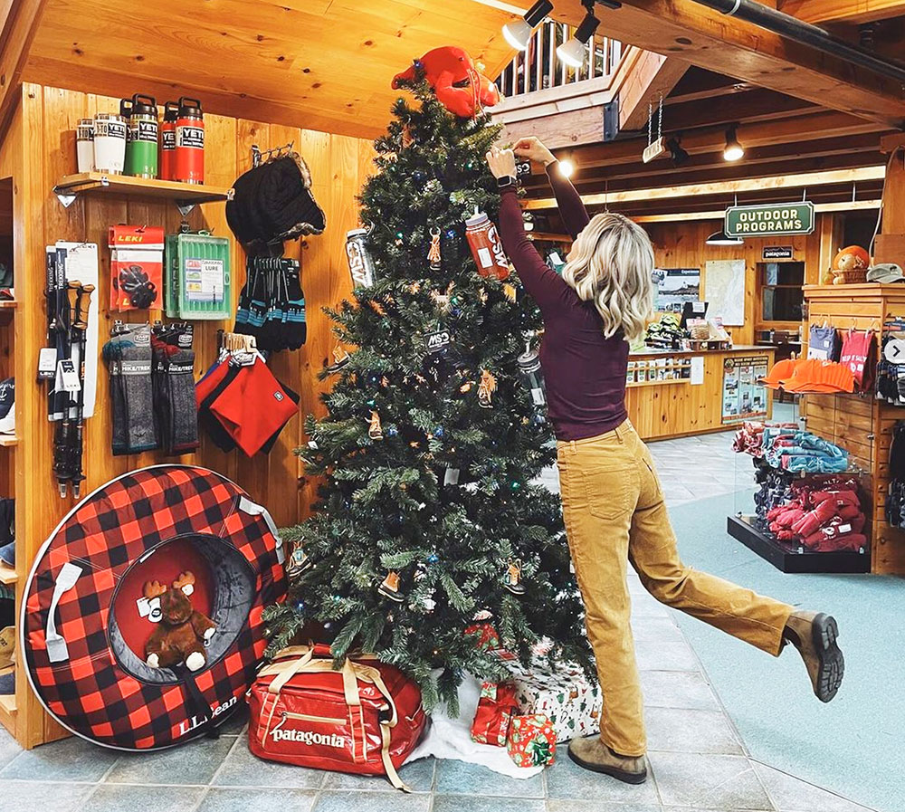 Instore Christmas tree at Maine Sport Outfitters, locations in Rockland, Camden and Rockport, Maine