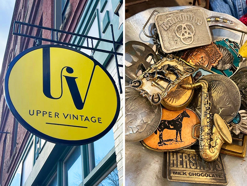 Exterior sign and store goods at Upper Vintage in Camden, Maine