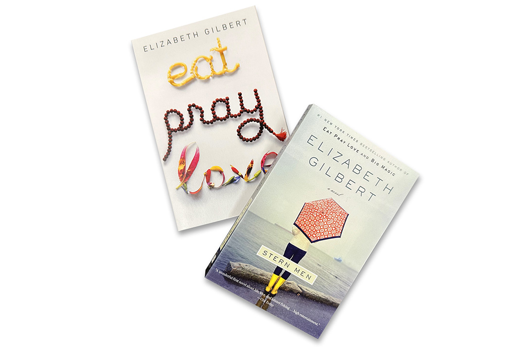 Book covers of "Eat Pray Love" and "Stern Men" by Elizabeth Gilbert